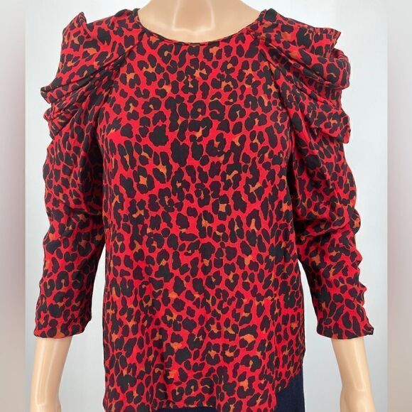 Zara Puff Sleeve Red/Black Animal Print Top Size S - Picture 1 of 11